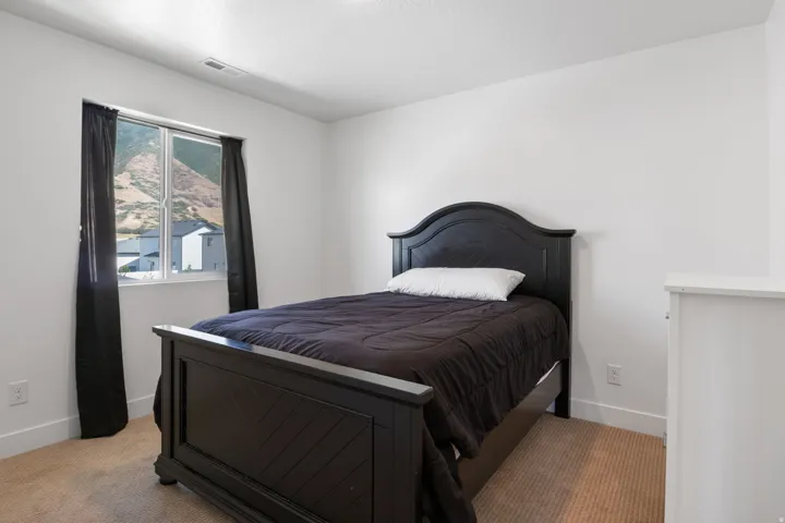 Room featuring neutral carpeting, white walls, and a window with a mountain backdrop