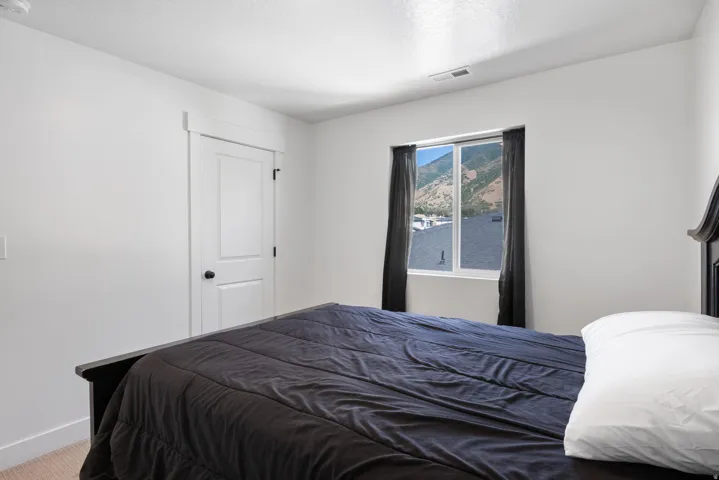Neutral wall paint and trim, a two-panel interior door with matte black hardware, and a window framing a mountainous landscape
