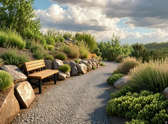 Landscaped pathway with pea gravel surfacing, featuring a wooden bench with dark metal supports
