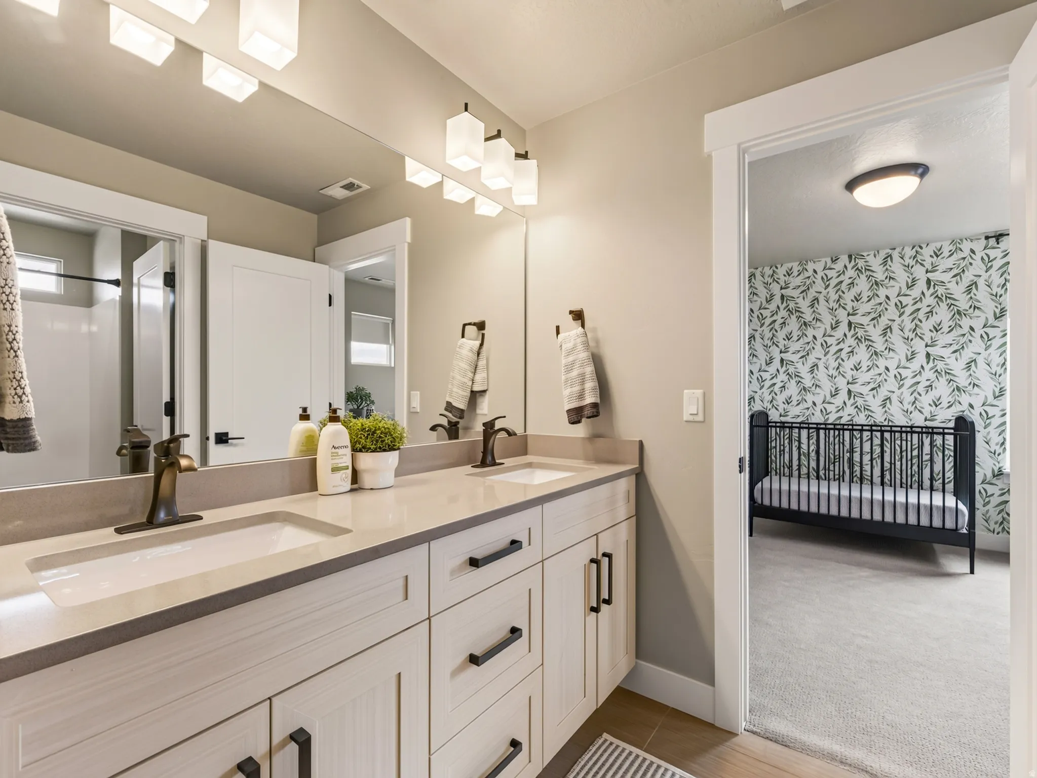 Shared bathroom has double sinks