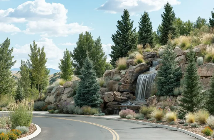 Artfully designed rock waterfall feature with lush landscaping