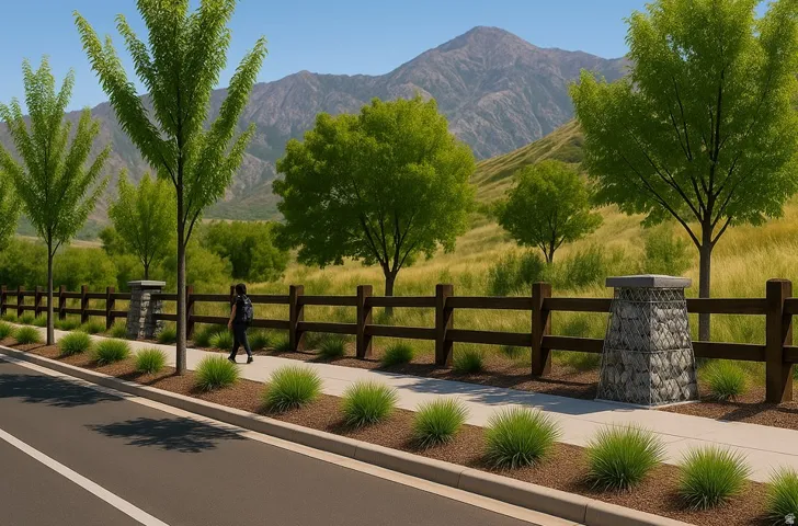 Paved sidewalk alongside a street, bordered by a wooden fence with stone pillars
