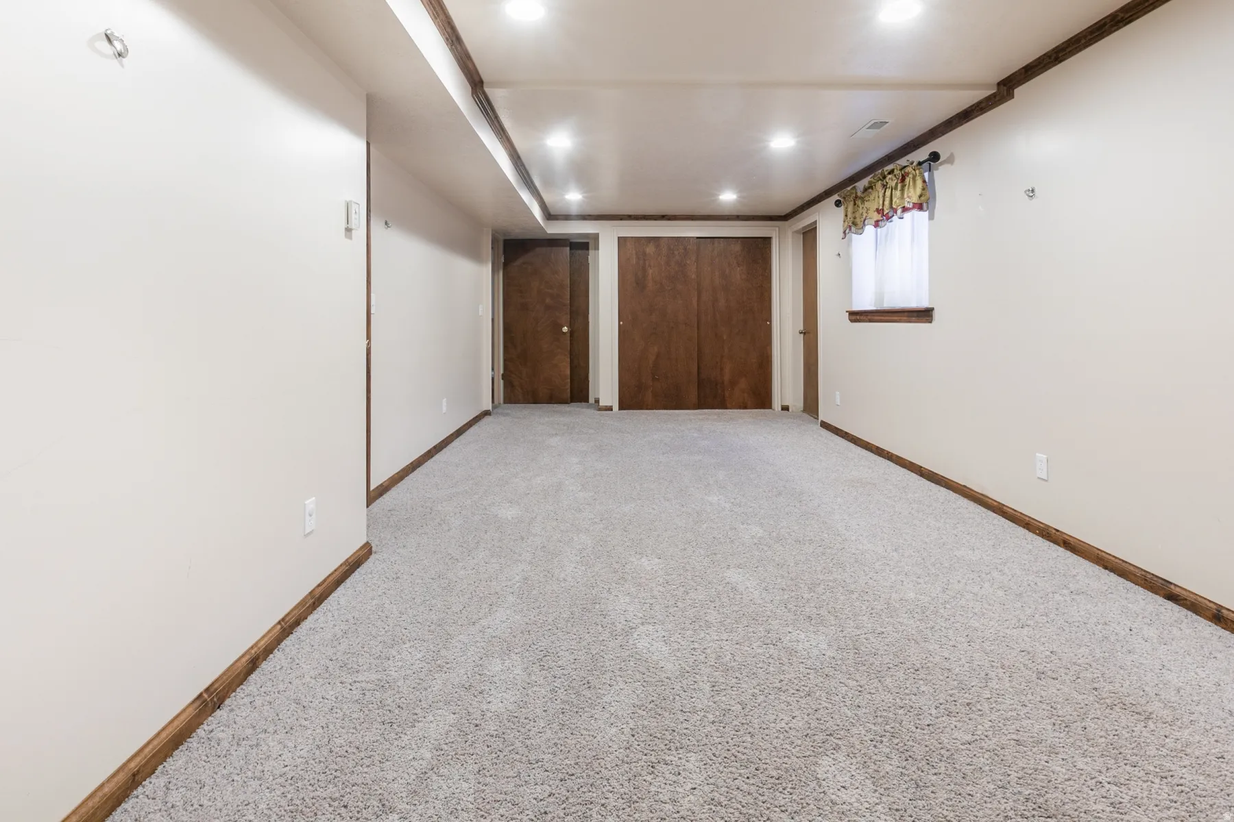 Basement family room with backyard access and extra large/deep storage closets.