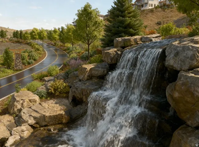 Cascading rock waterfall feature with natural stone landscaping