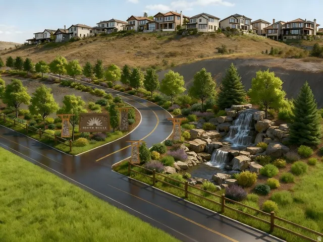 Gated community entrance with a decorative stone waterfall feature and lush, established landscaping