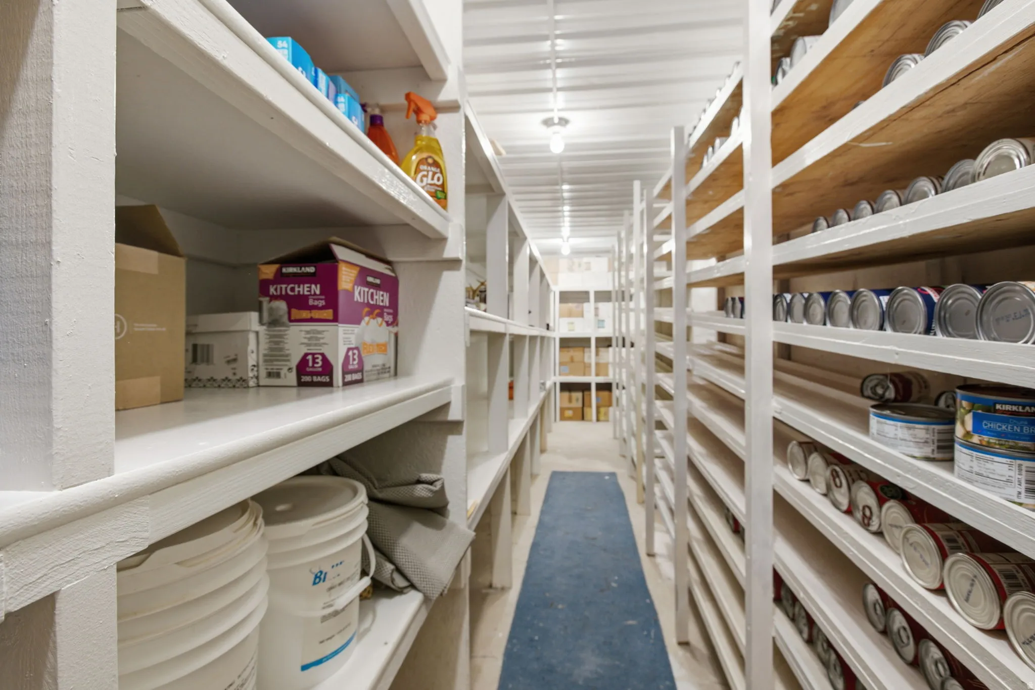 Dedicated storage room featuring extensive white shelving