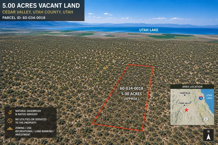 Expansive 5-acre vacant land parcel featuring natural sagebrush and native grasses.  Digital Image not verified for accuracy.