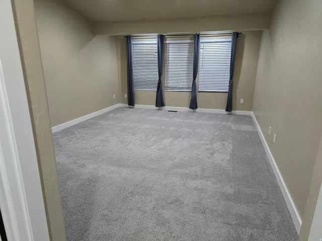 Light gray carpeting with a beige wall finish and crisp white trim