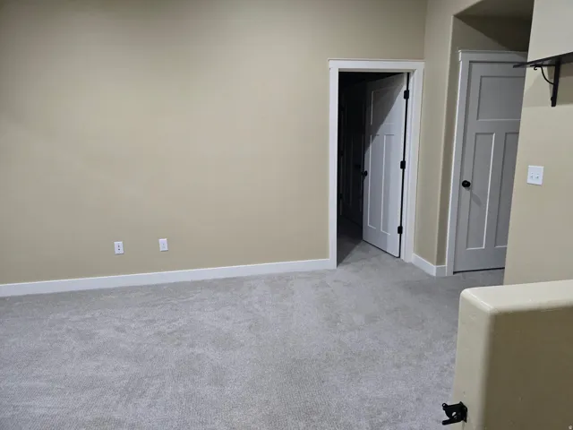 Light gray carpeting, neutral wall color, white trim, and panel doors