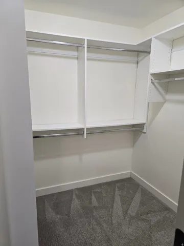 Walk-in closet with built-in white shelving, multiple hanging rods, and gray carpet flooring