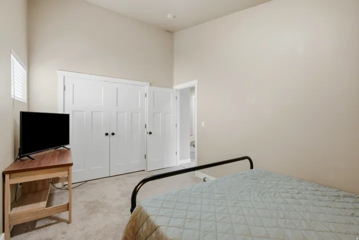 Carpeted room with a vaulted ceiling and light-colored walls