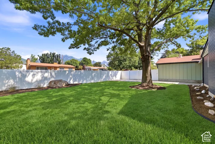 Expansive backyard featuring a manicured lawn, established shade tree, and a white privacy fence