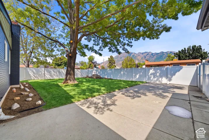 Expansive backyard featuring a manicured lawn, established tree, concrete patio, and a privacy fence