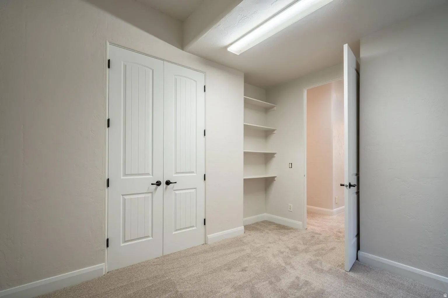 Neutral-toned room featuring a soft carpet, white baseboards, and built-in shelving