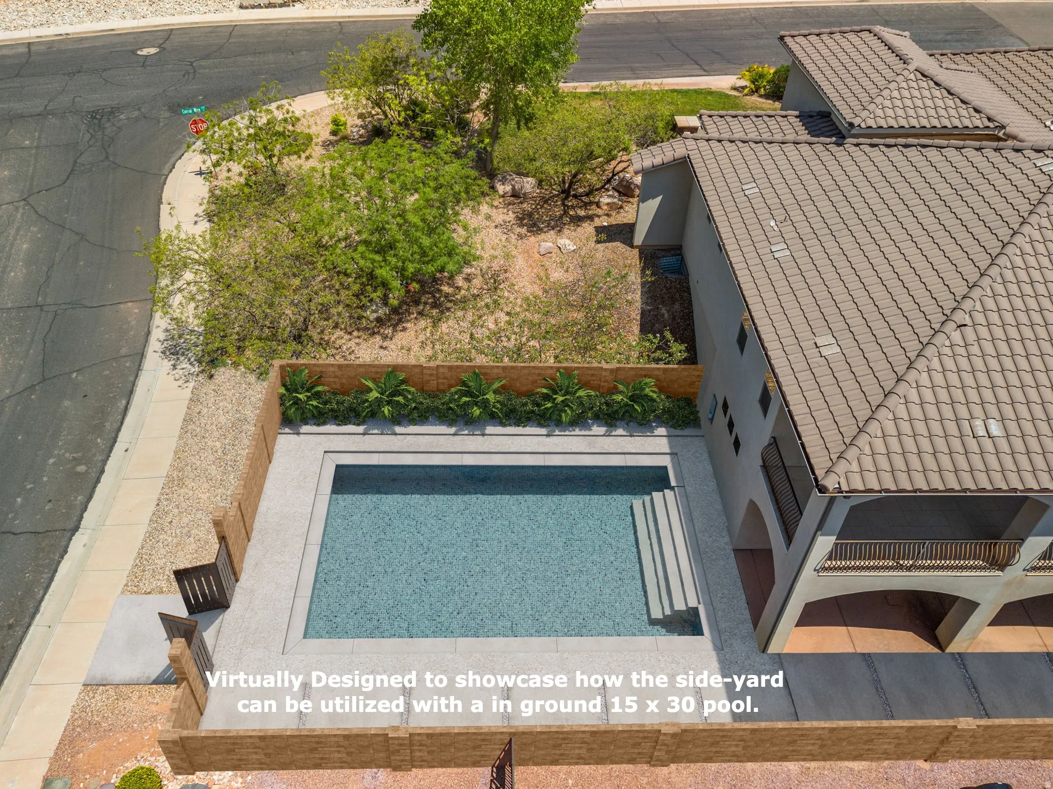 Virtually Staged - Side yard featuring a virtually designed 15x30 inground pool