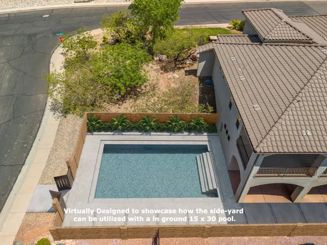 Virtually Staged - Side yard featuring a virtually designed 15x30 inground pool