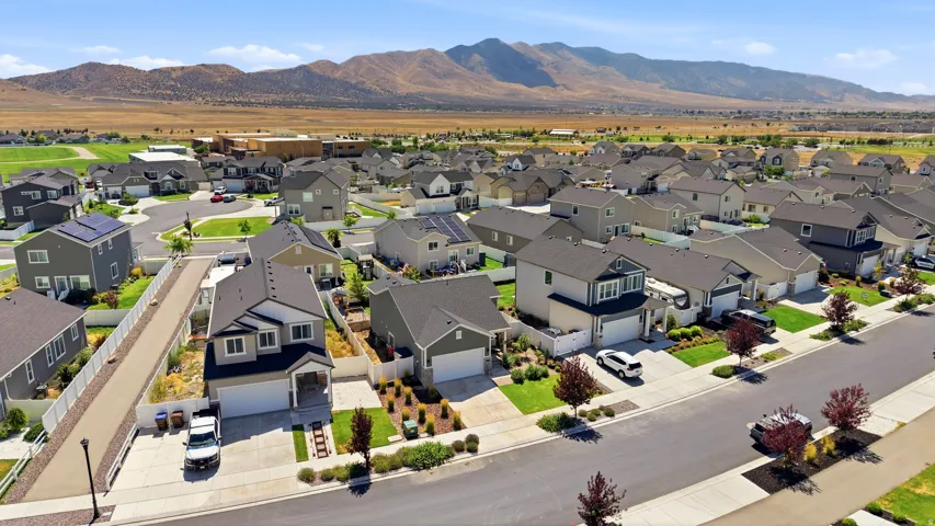 Contemporary residential neighborhood with mountain backdrop