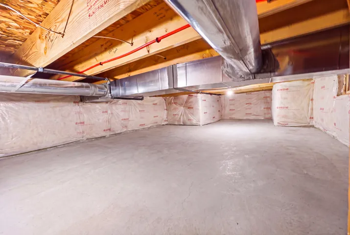 Unfinished basement featuring concrete flooring, exposed wooden joists, ceiling-mounted ductwork, and insulated perimeter walls