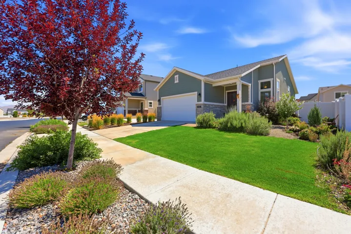 Contemporary ranch-style residence featuring a sage green exterior with stone accents and a white garage door