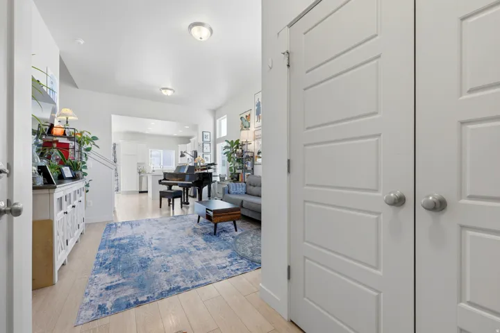 White interior doors with panel detailing and brushed nickel hardware