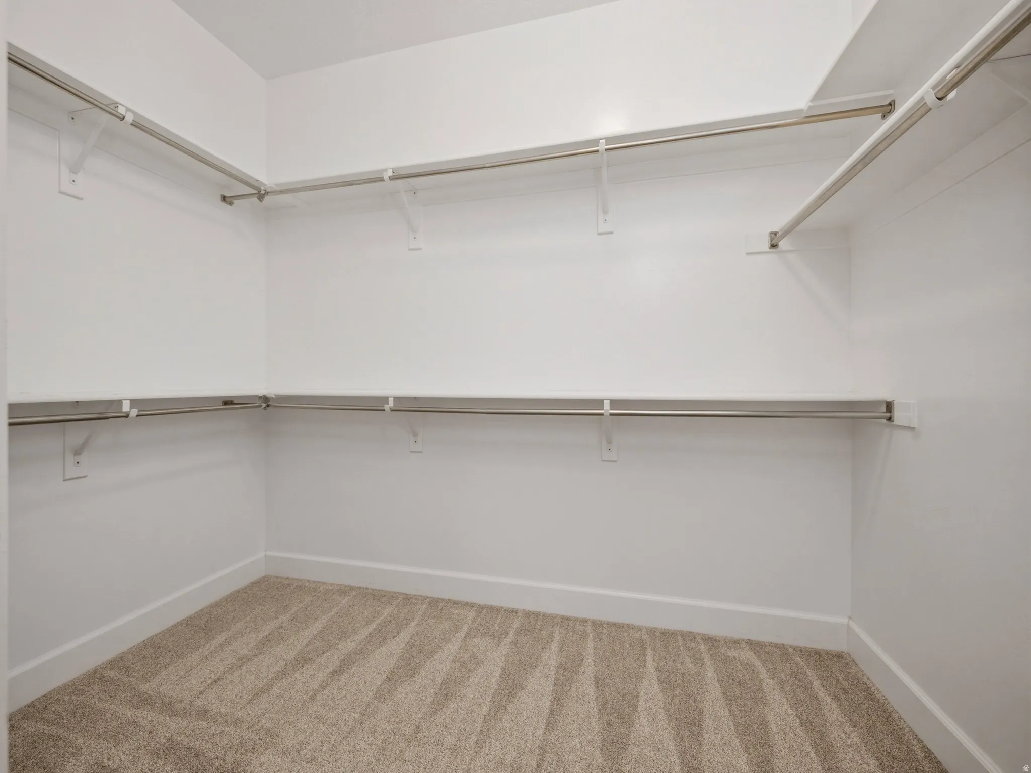 Walk-in closet featuring light-colored carpeting, white baseboards, and multiple levels of built-in shelving and hanging rods