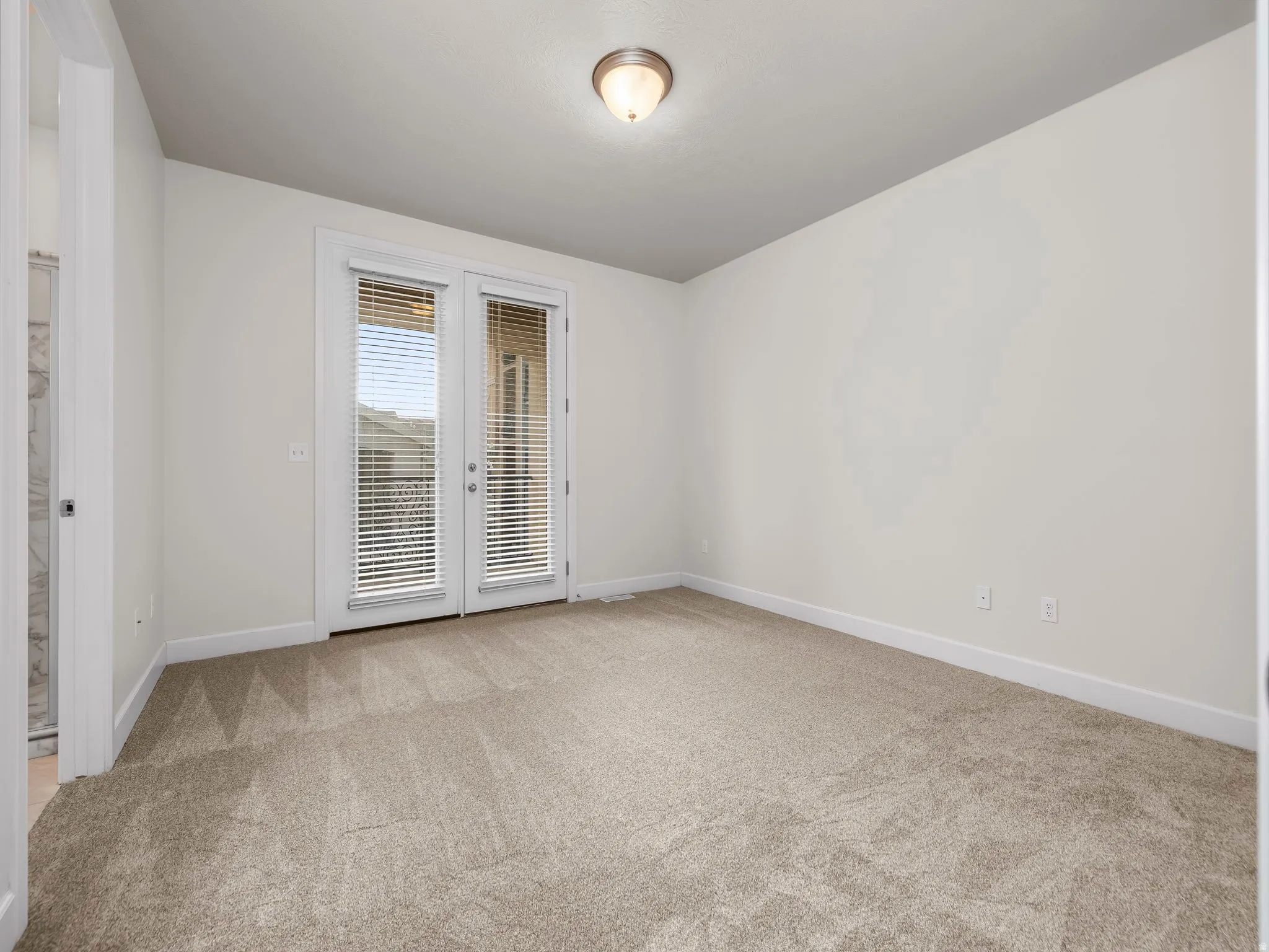 Carpeted interior space featuring white walls and white trim