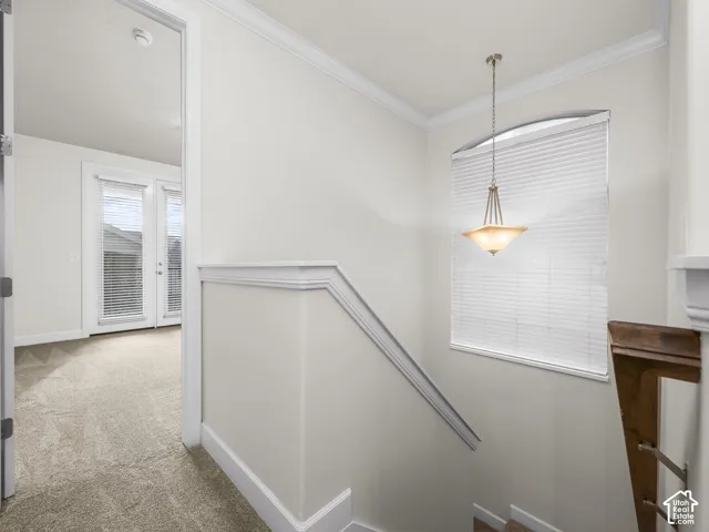 Stairwell featuring a bronze pendant light, arched window with horizontal blinds, and a wood-finish handrail