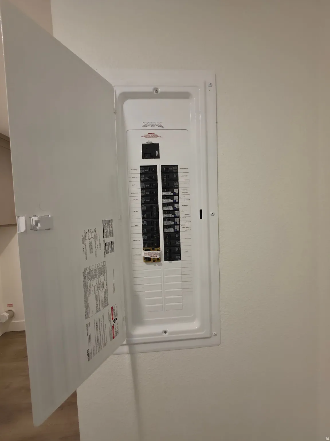Electrical service panel featuring multiple circuits and a clean white cover