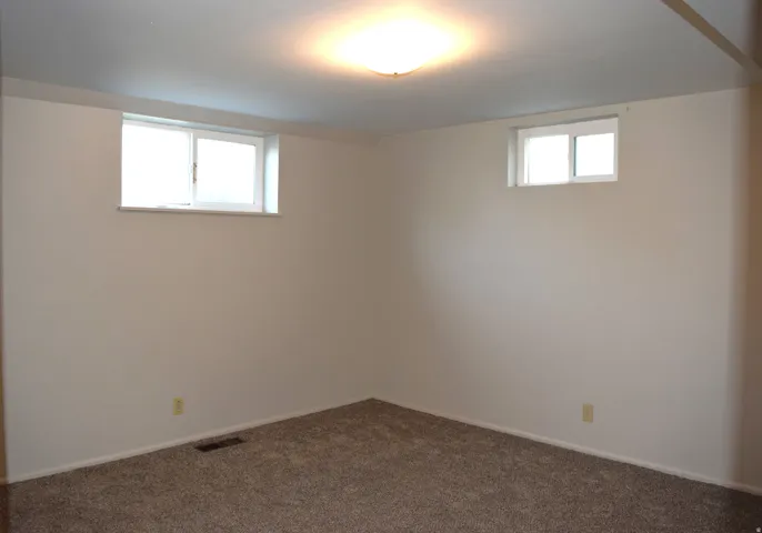 Carpeted room featuring two high-set windows, a flush-mount ceiling light fixture, white baseboards, and neutral wall paint