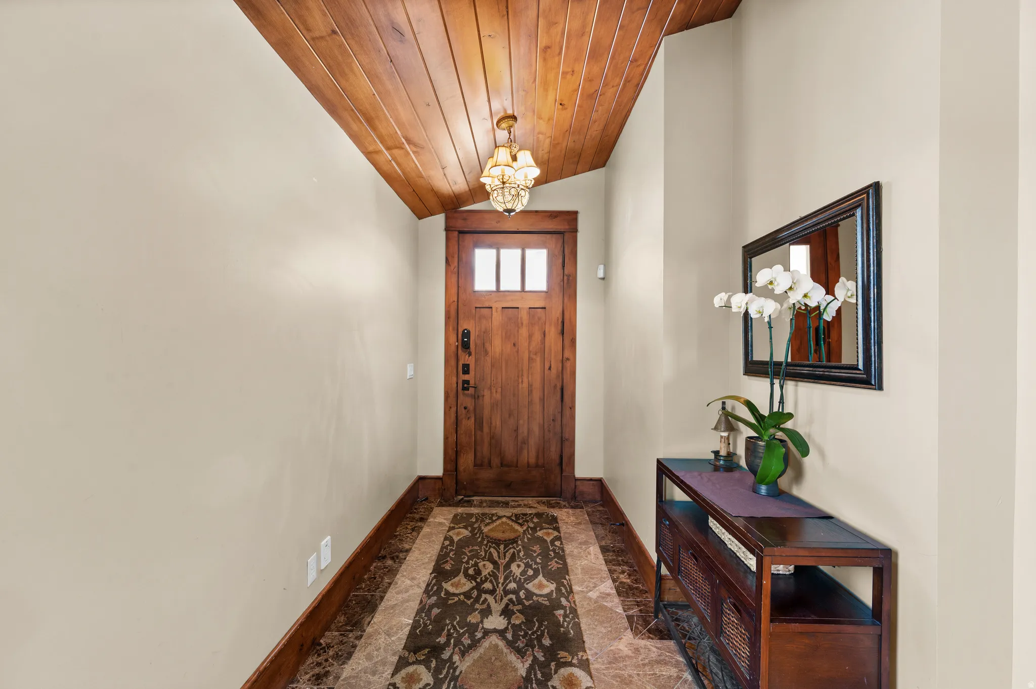 Craftsman-style entry door with upper window panes