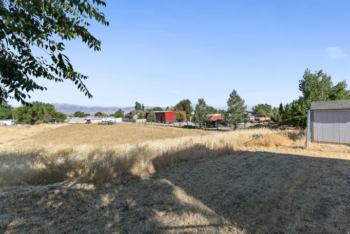 Expansive lot featuring a chain-link fence, a storage shed with a shingled roof, and mature trees