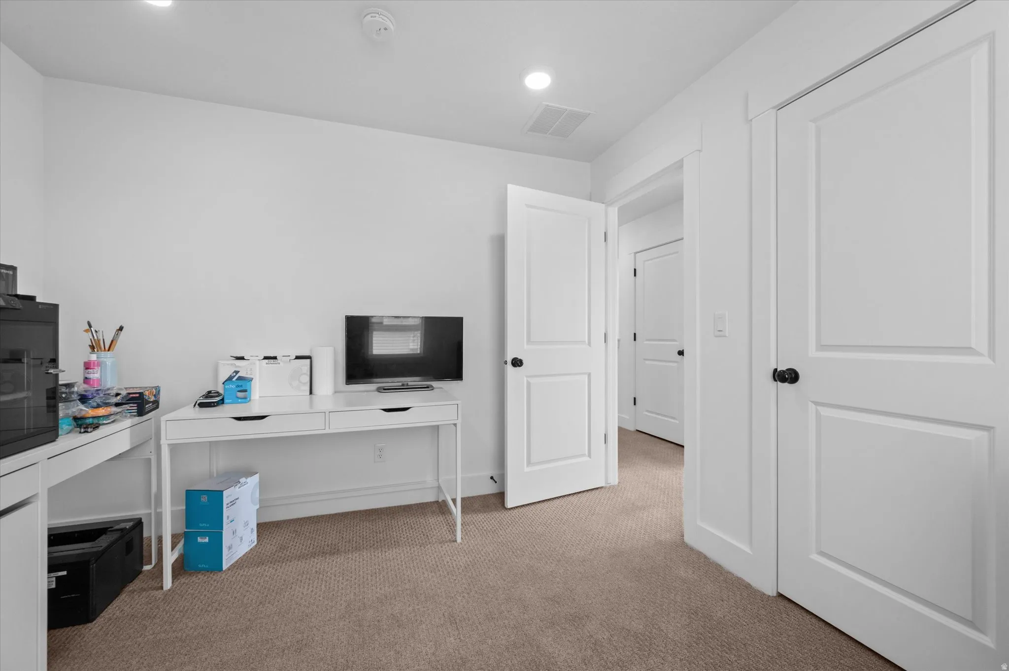 Neutral wall paint, recessed lighting, panel doors with matte black hardware, and carpet flooring