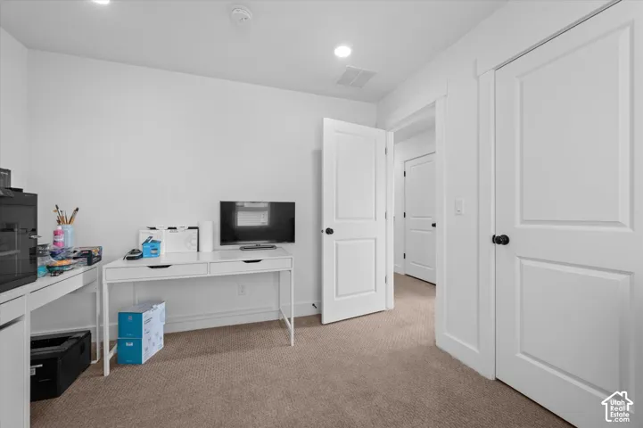 Neutral wall paint, recessed lighting, panel doors with matte black hardware, and carpet flooring