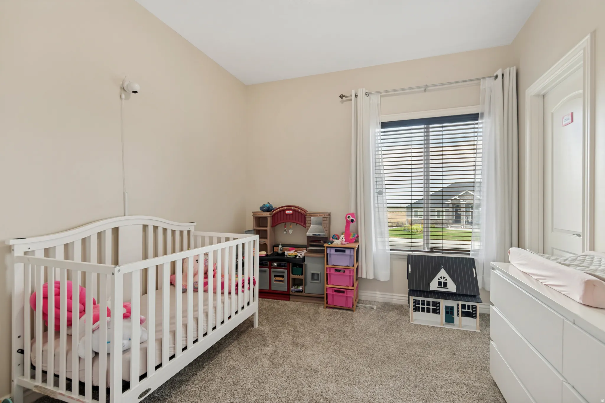 Plush carpeted room featuring a single window with blinds and white curtains, light-colored walls, and a white interior door with a paneled design