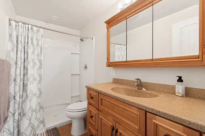Bathroom featuring a wood-finish vanity with a double sink, stone-finish countertop, and a three-door mirrored medicine cabinet