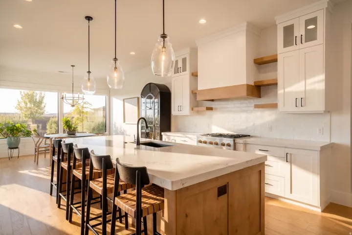 Spacious kitchen featuring a large island with seating, pendant lighting, white cabinetry, a built-in range, and wood-finish flooring