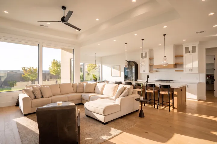 Open concept living space featuring wood-finish flooring, a tray ceiling with recessed lighting, and expansive windows