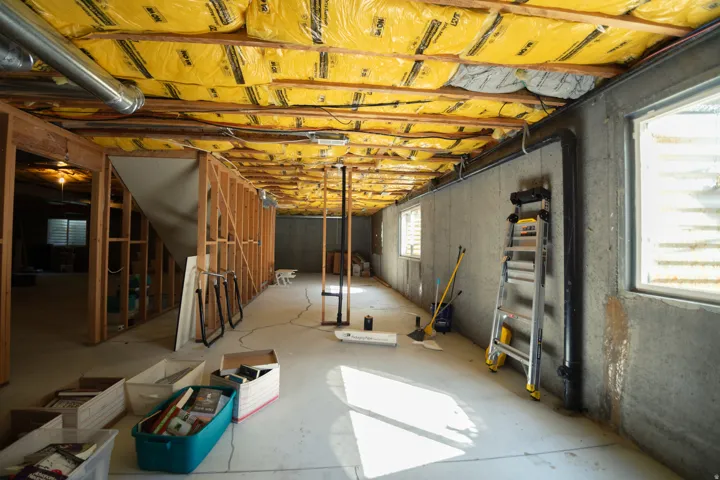 Unfinished basement space with exposed concrete walls, exposed ceiling joists, and multiple window openings