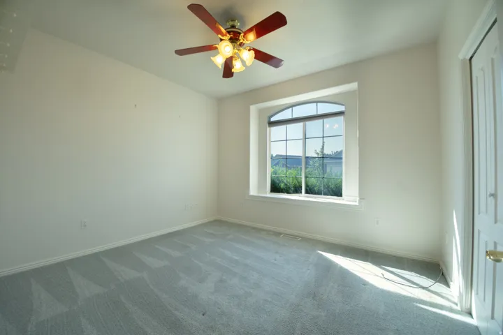 Arched window, ceiling fan, and light-toned wall finishes