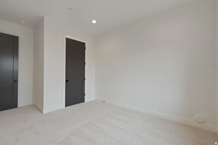 Carpeted interior space featuring white walls and two dark-paneled doors with black hardware