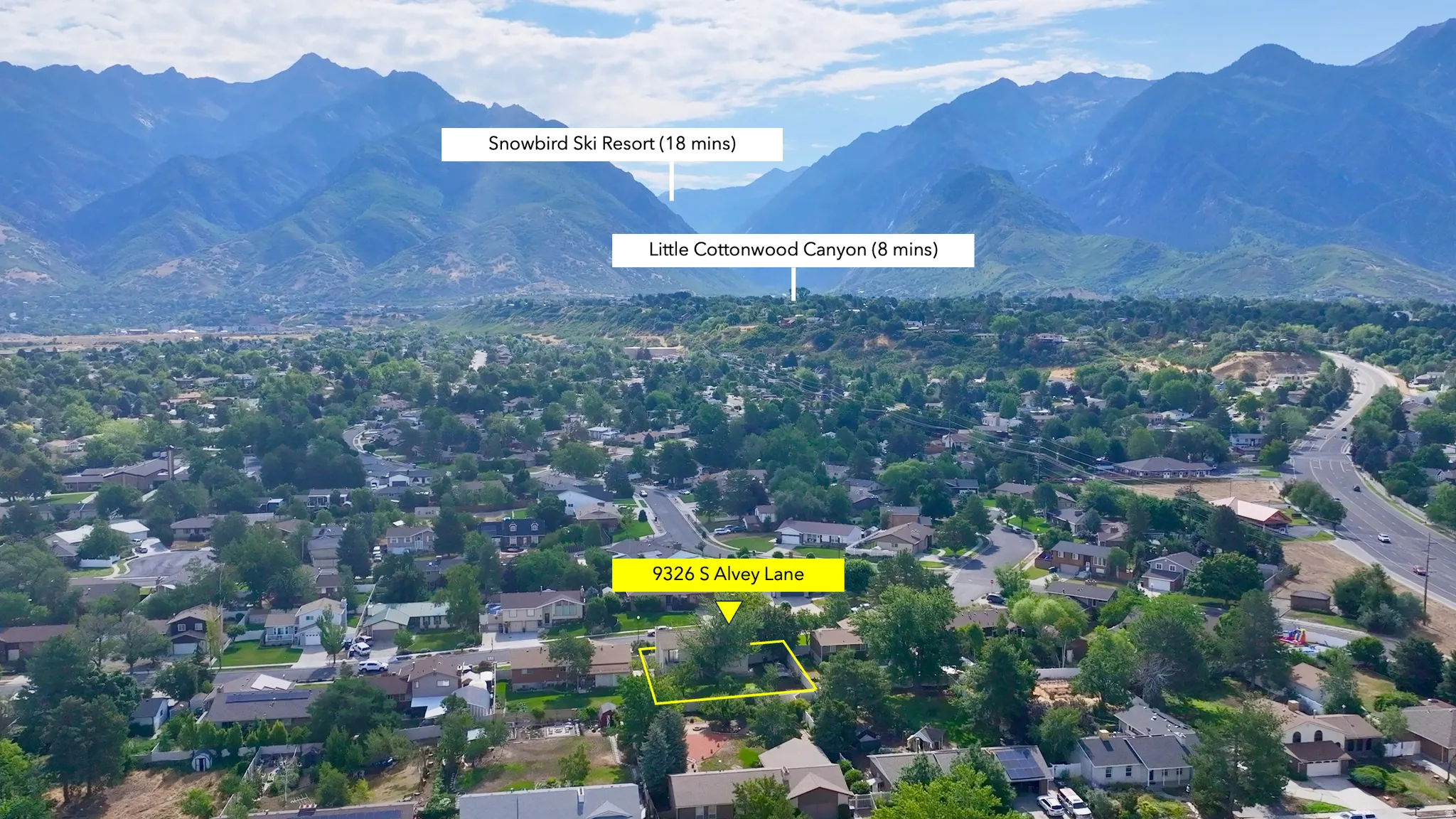 Aerial perspective showcasing a residential area with mature trees and mountain ranges in the background