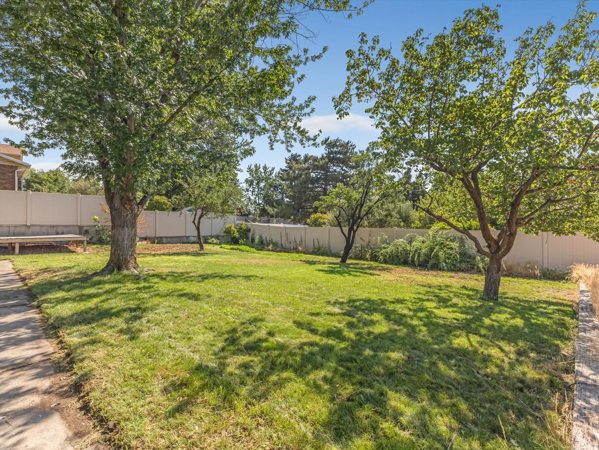 Expansive lawn area featuring multiple mature fruit trees