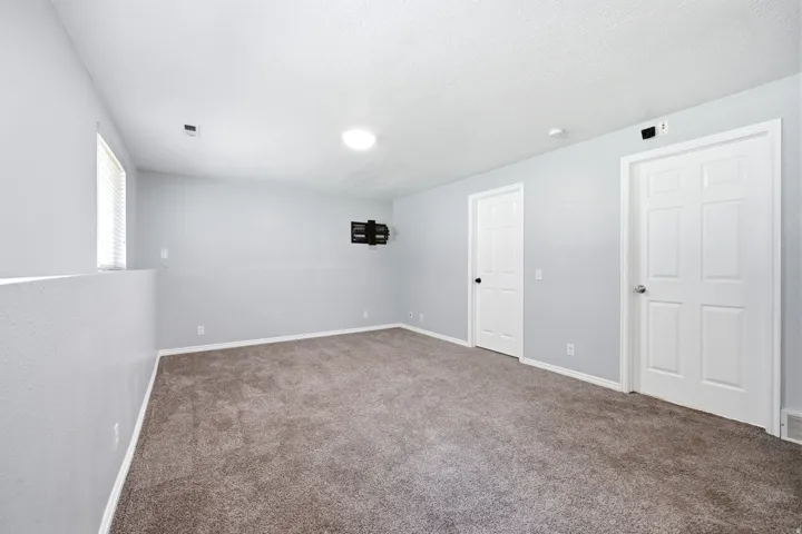 Spacious room with plush carpet flooring, light gray walls, and white trim