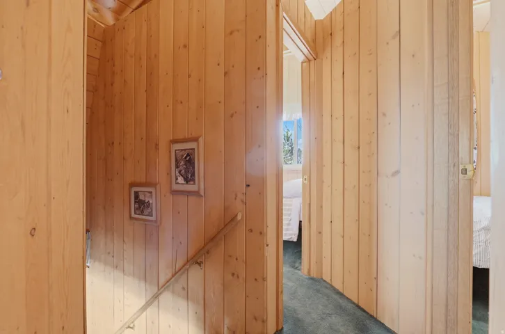 Wood-paneled hallway featuring a wood-finish staircase handrail and plush carpet flooring