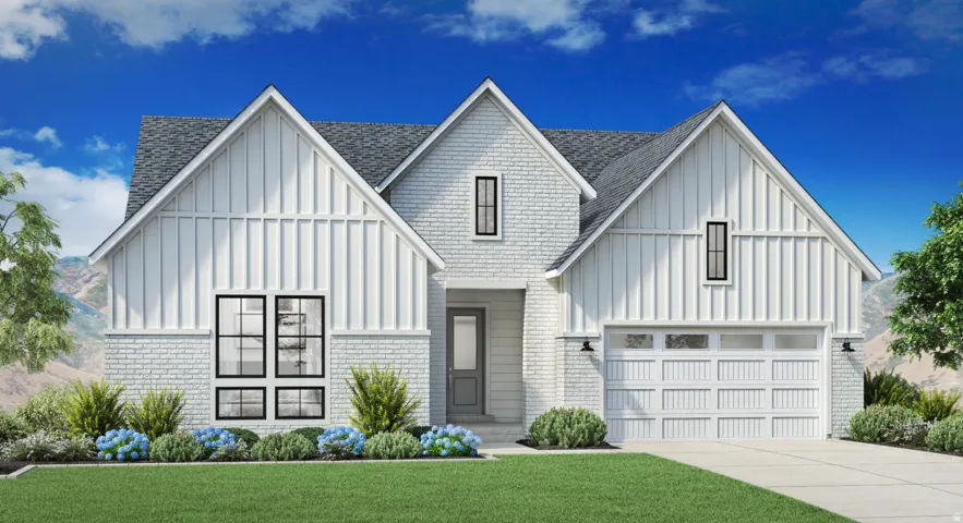 Modern farmhouse-style residence featuring white brick and vertical board and batten siding