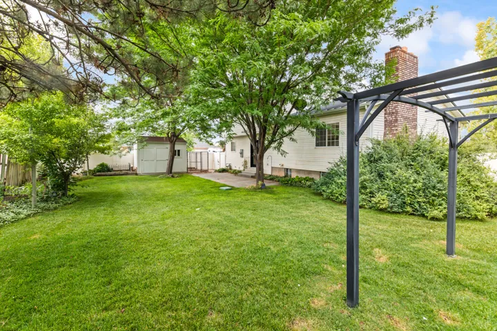 Expansive backyard featuring a green lawn, mature trees, a metal pergola, and a visible storage shed