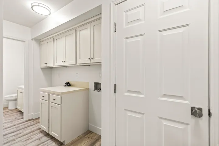 Dedicated laundry area featuring abundant white cabinetry, a built-in countertop, and wood-finish flooring