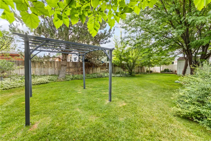 Expansive backyard featuring a central lawn, mature trees, a metal pergola, and a storage shed
