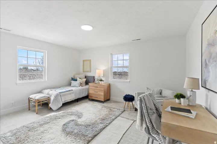 Bright room with white walls, two windows, and a circular ceiling light fixture