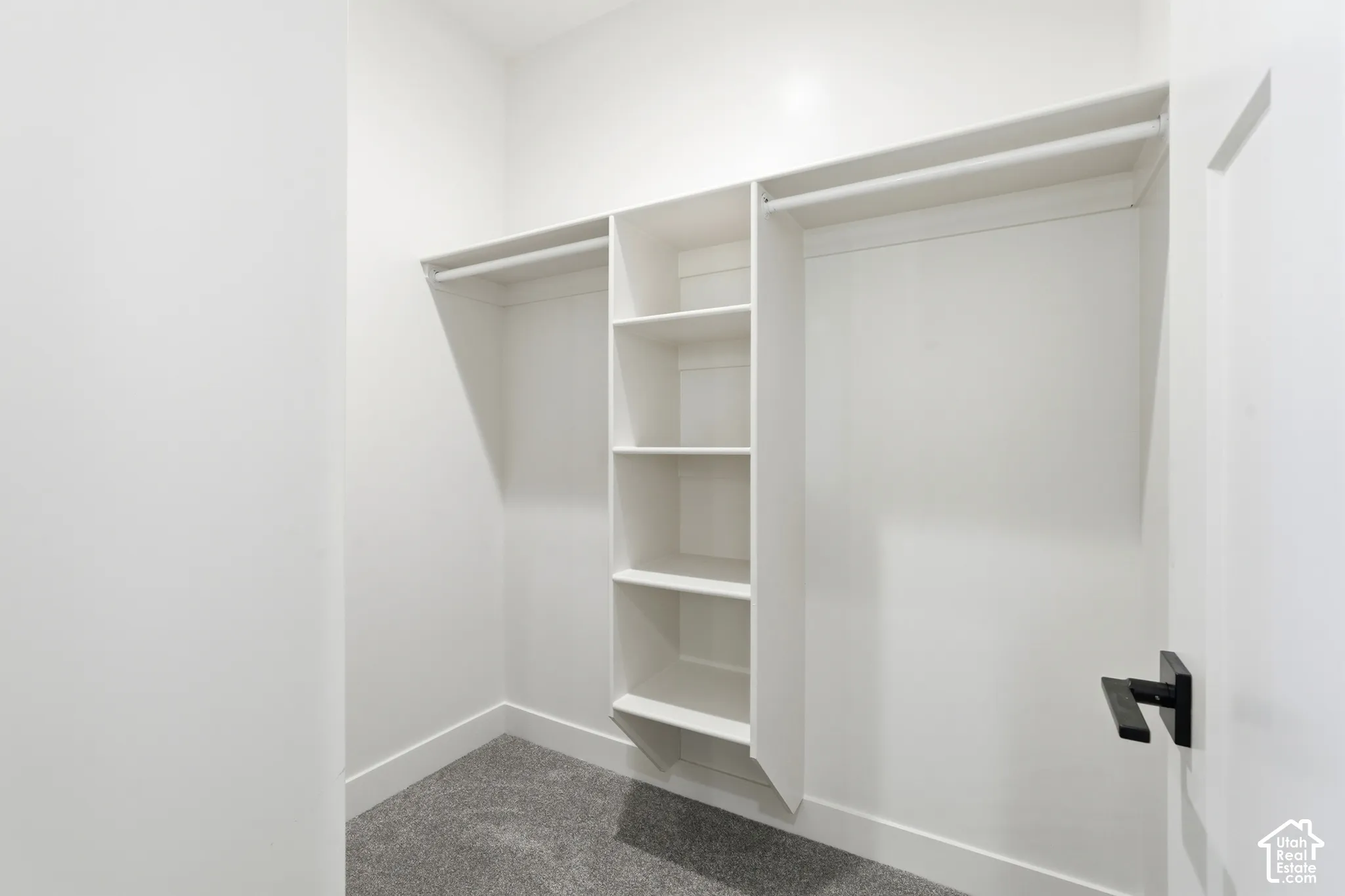 White shelving units, hanging rods, and gray carpeted flooring